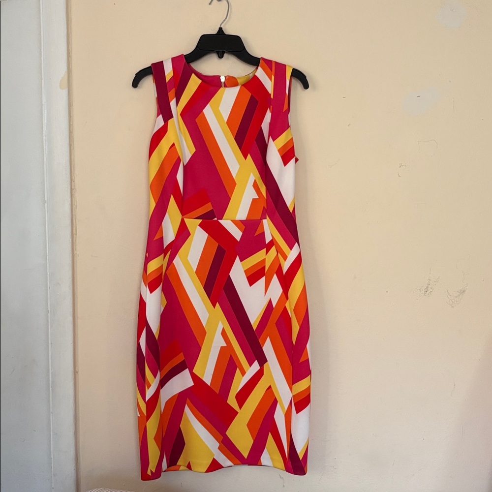 Calvin Klein Vibrant Red and Yellow Midi Dress, size 10.